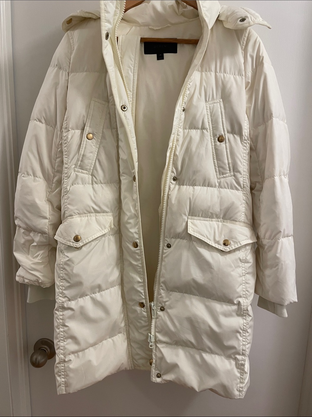 J. Crew Cream Long Quilted Puffer Coat with Hood